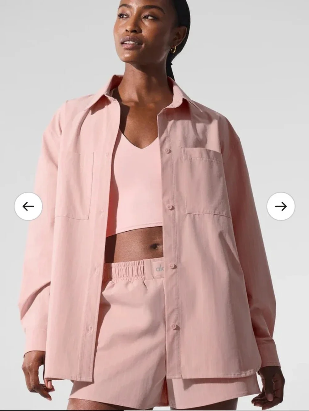Alo Yoga Pinstripe Daylight Button Down in Pink Quartz Medium